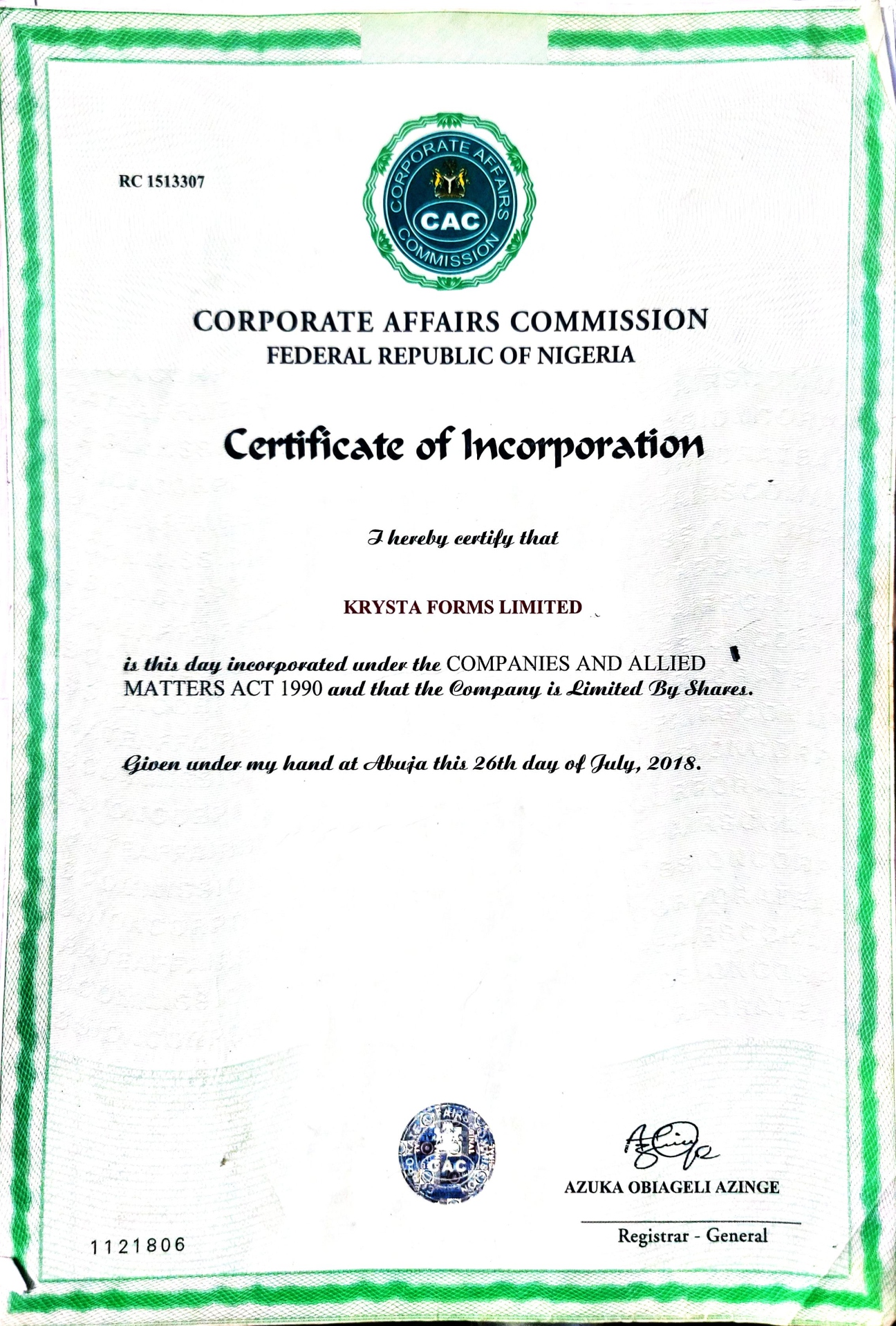 Corporate Affairs Commission Incorporation Certificate (RC 1513307)